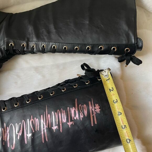 Black vegan leather lace up knee high chunky boots with metallic pink script SZ9 - Picture 8 of 12